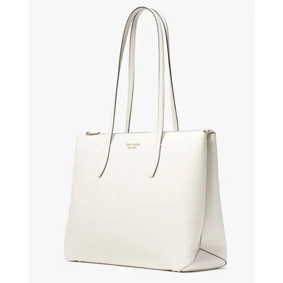 New Kate Spade All Day Large Zip-Top Tote Crossgrain Leather Parchment